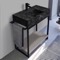 Modern Powder Room Console Vanity with Grey Oak Shelf, Black Marble Style Sink, 35 Inch, Free Standing